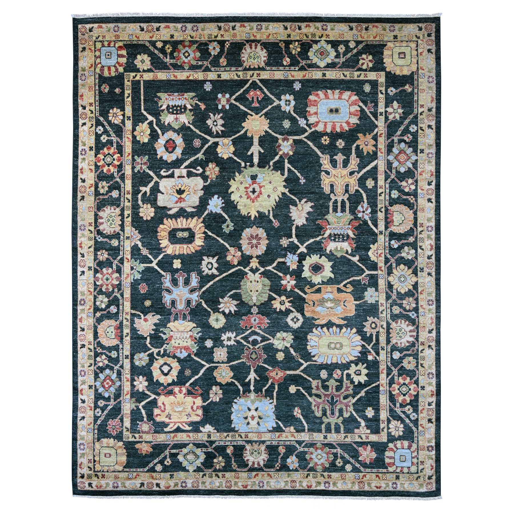 9'3"x11'8" Charleston Green, Afghan Angora Oushak with Colorful Leaf Design, Hand Knotted, 100% Wool, Vegetable Dyes, Oriental Rug 
